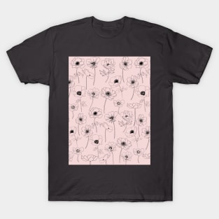 Poppies Line Art Flowers Pattern On Pink T-Shirt